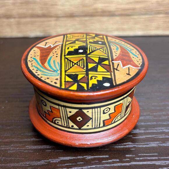 Other - Peruvian Terracotta Jewelry Box – Hand-Painted Circular Clay‎ Case, Handmade